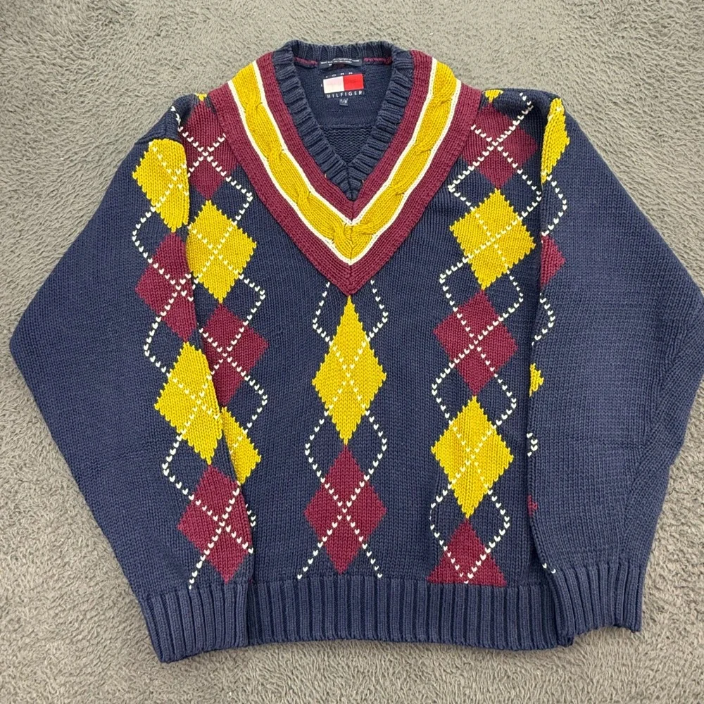 Tommy Hilfiger Sweater Mens L Blue Argyle V-Neck Cotton Knit Pullover Preppy Y2K